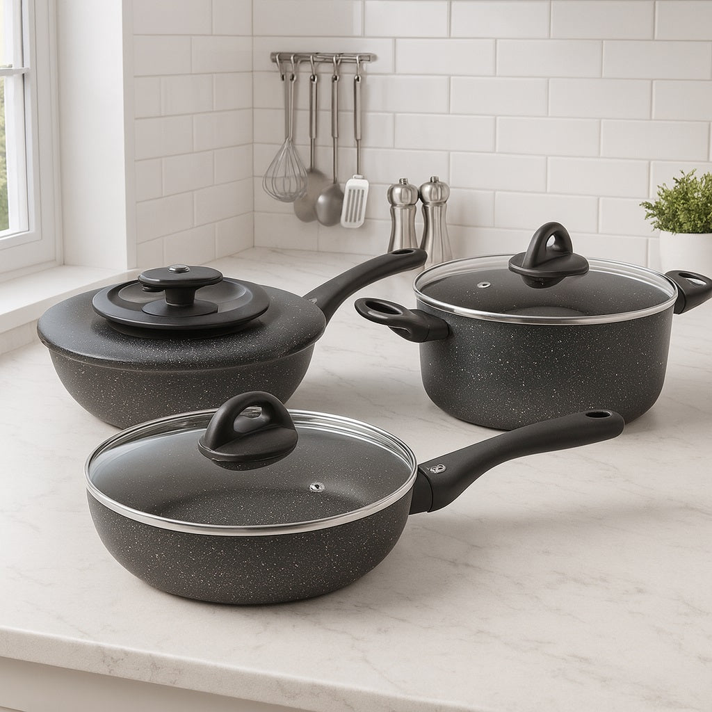 Set Pentole 6pz Pietra con Coperchio Magico Antiodore Padelle 24 28 Casseruola 24 Induzione