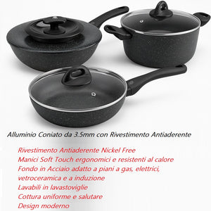 Set Pentole 6pz Pietra con Coperchio Magico Antiodore Padelle 24 28 Casseruola 24 Induzione