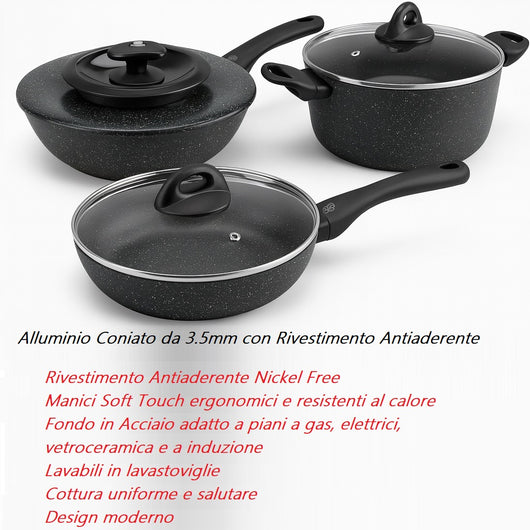 Set Pentole 6pz Pietra con Coperchio Magico Antiodore Padelle 24 28 Casseruola 24 Induzione