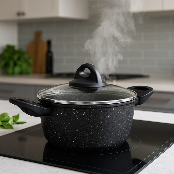 Set Pentole 6pz Pietra con Coperchio Magico Antiodore Padelle 24 28 Casseruola 24 Induzione