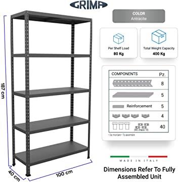 SCAFFALE IN METALLO ANTRACITE ETTORE KIT BULLONI 100 X 40 X H187CM CON 5 RIPIANI