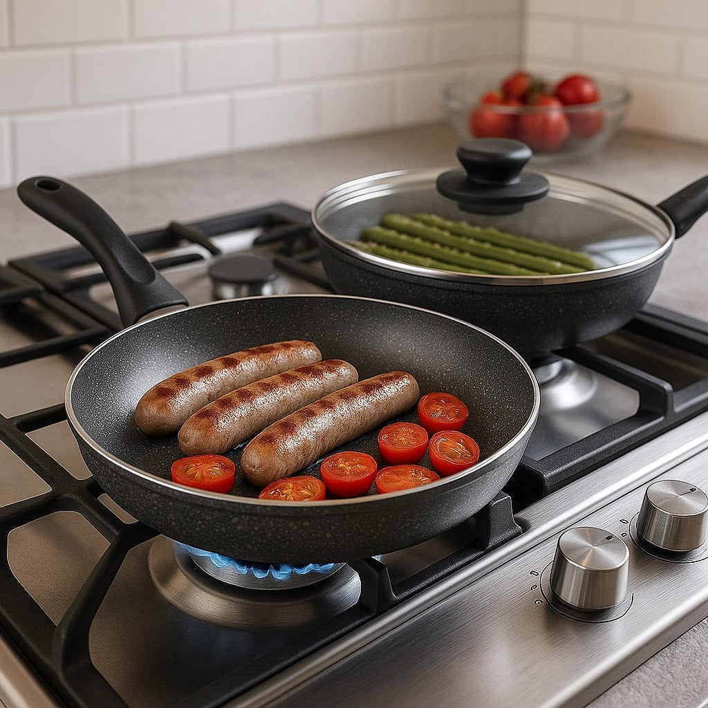 Set Padelle 6pz Pietra con Coperchio Magico Antiodore Padelle 24 28 32 cm Induzione