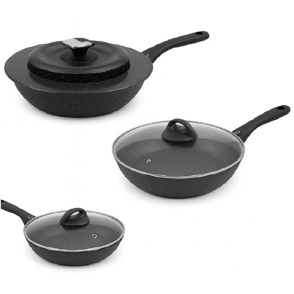 Set Padelle 6pz Pietra con Coperchio Magico Antiodore Padelle 24 28 32 cm Induzione