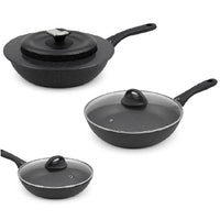 Set Padelle 6pz Pietra con Coperchio Magico Antiodore Padelle 24 28 32 cm Induzione