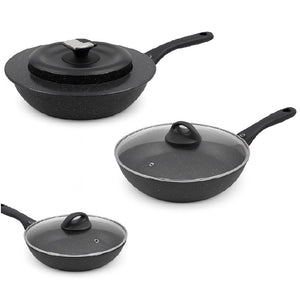 Set Padelle 6pz Pietra con Coperchio Magico Antiodore Padelle 24 28 32 cm Induzione