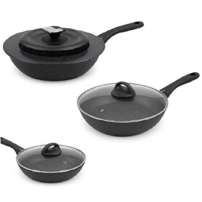 Set Padelle 6pz Pietra con Coperchio Magico Antiodore Padelle 24 28 32 cm Induzione