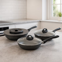 Set Padelle 6pz Pietra con Coperchio Magico Antiodore Padelle 24 28 32 cm Induzione