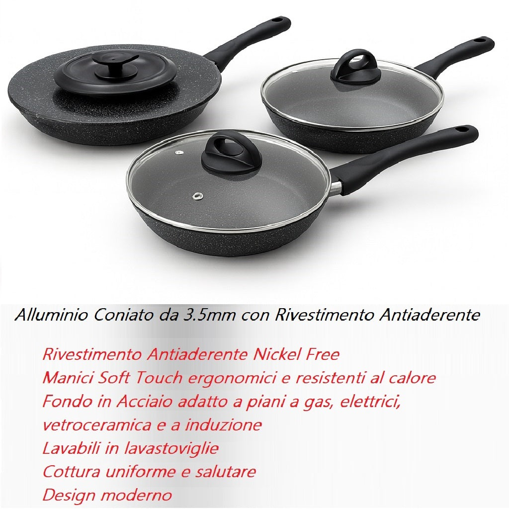 Set Padelle 6pz Pietra con Coperchio Magico Antiodore Padelle 24 28 32 cm Induzione