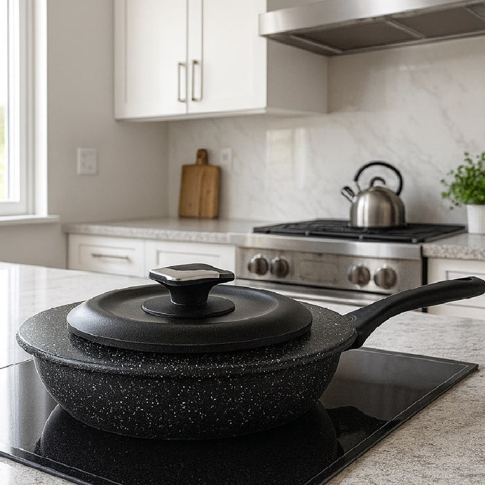 Set Padelle 6pz Pietra con Coperchio Magico Antiodore Padelle 24 28 32 cm Induzione