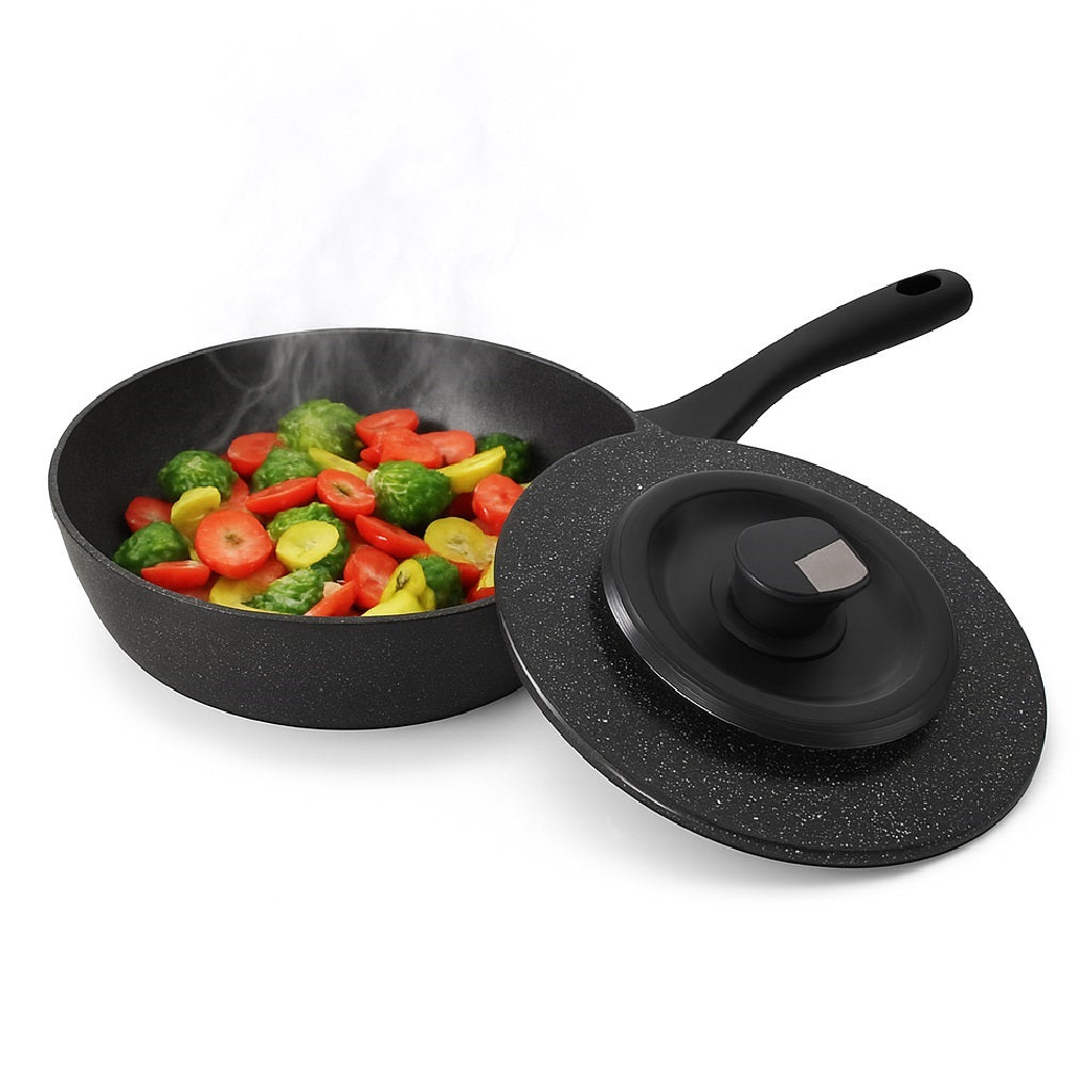 Set Padelle 6pz Pietra con Coperchio Magico Antiodore Padelle 24 28 32 cm Induzione