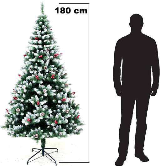 Albero di Natale Mingerl 180cm con Punte Innevate 800 e Bacche Super Folto