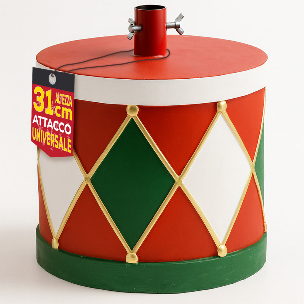 Base Albero di Natale Tamburo 32x31cm Decoro Attacco Universale Rosso e Verde