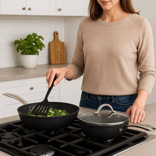 Set Padelle Induzione Pietra Antiaderenti 20/24/28 cm con Coperchi e 5mestoli Nero