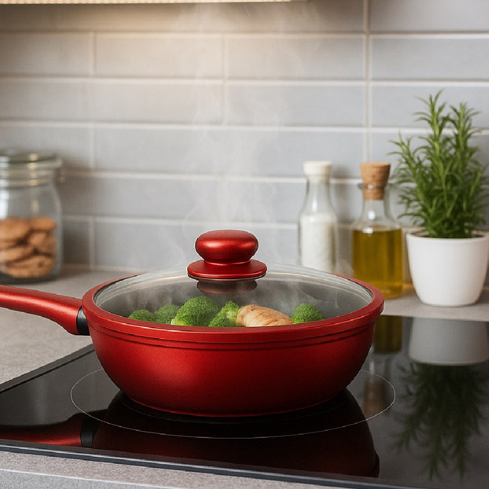 Set Padelle Induzione Pietra Antiaderenti 20 24 28 con Coperchi e Manici Removibili