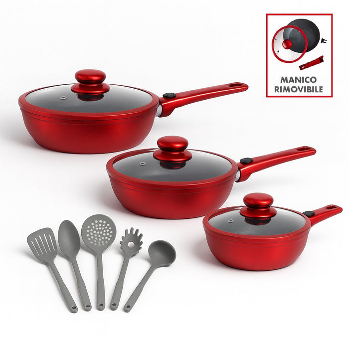 Set Padelle Induzione Pietra Antiaderenti 20 24 28 con Coperchi e Manici Removibili