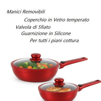 Set Padelle Induzione Pietra Antiaderenti 20 24 28 con Coperchi e Manici Removibili