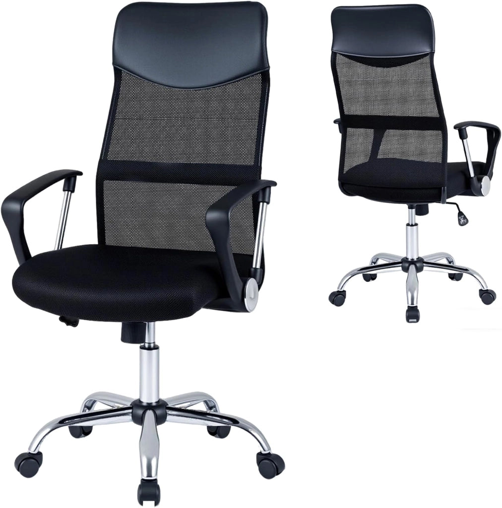 Sedia da Ufficio Girevole, Schienale Ergonomico | Altezza Regolabile, Poltrona Scrivania in Rete, Braccioli Curvi, Ruote, per Casa Studio