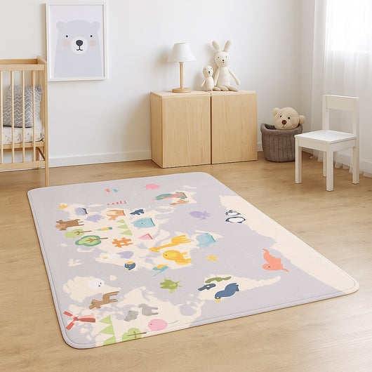 Tappeto Cameretta Bambini 80x140 Grigio Morbido Mondo Animali in Polyestere e Spugna