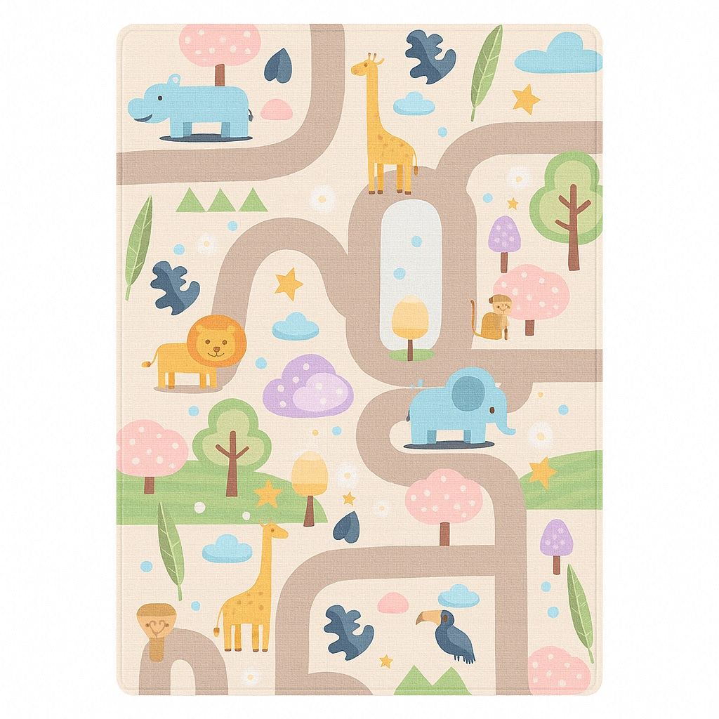 Tappeto Cameretta Bambini 80x140 Beige Morbido Mondo Animali in Polyestere e Spugna