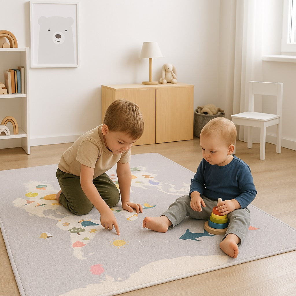 Tappeto Cameretta Bambini 80x140 Grigio Morbido Mondo Animali in Polyestere e Spugna