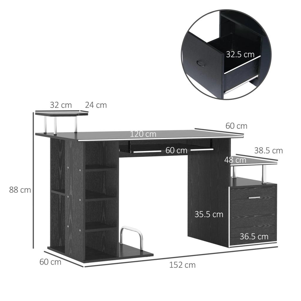 Scrivania per Computer Moderna con Cassetti, Ripiani e Tastiera Estraibile, Scrivania da Ufficio per Casa in Legno Nero 152x60x88cm