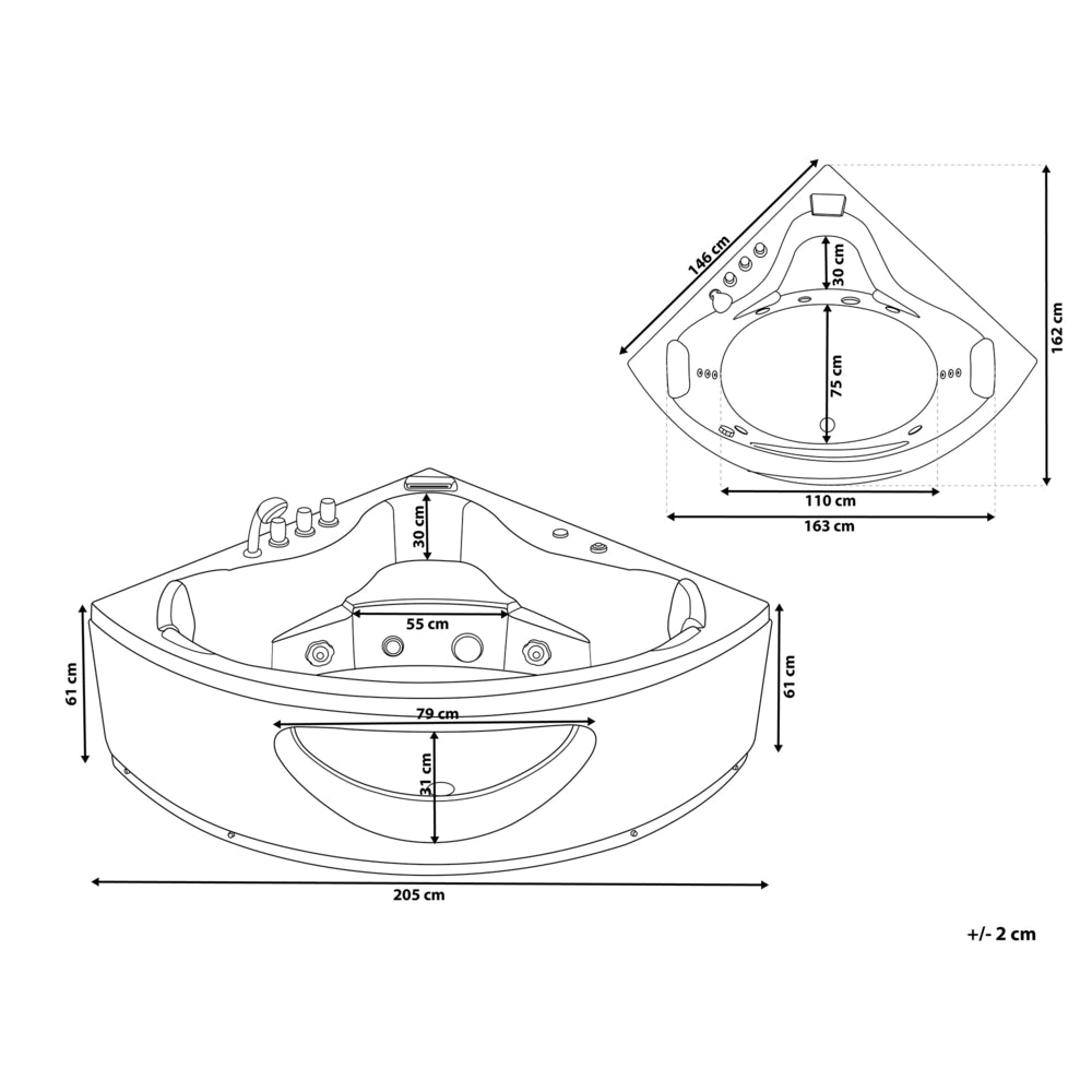 Vasca Idromassaggio Angolare Bianco Sanitario Acrilico con Luci LED 10 Getti Massaggio 205 x 146 cm Stile Moderno