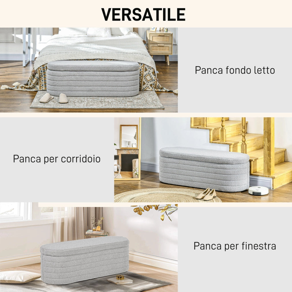 Panca Contenitore Fondo Letto 116x41x40,5 cm in Tessuto Teddy Grigio Chiaro