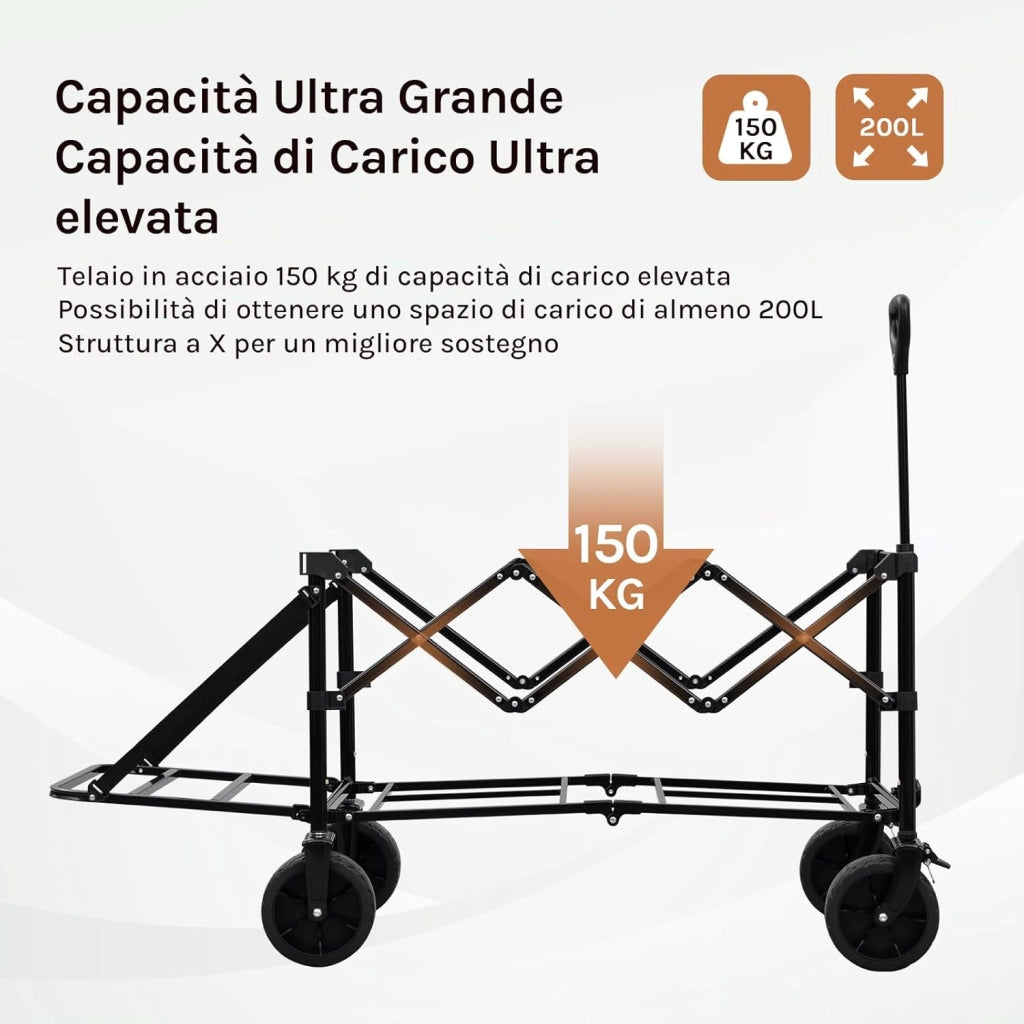 Carrello Pieghevole Portatutto, Carrellino da Giardino con Portellone Posteriore e Ruote per Tutti i Terreni con Freno, Capacità di Carico Fino a 150 kg, Nero