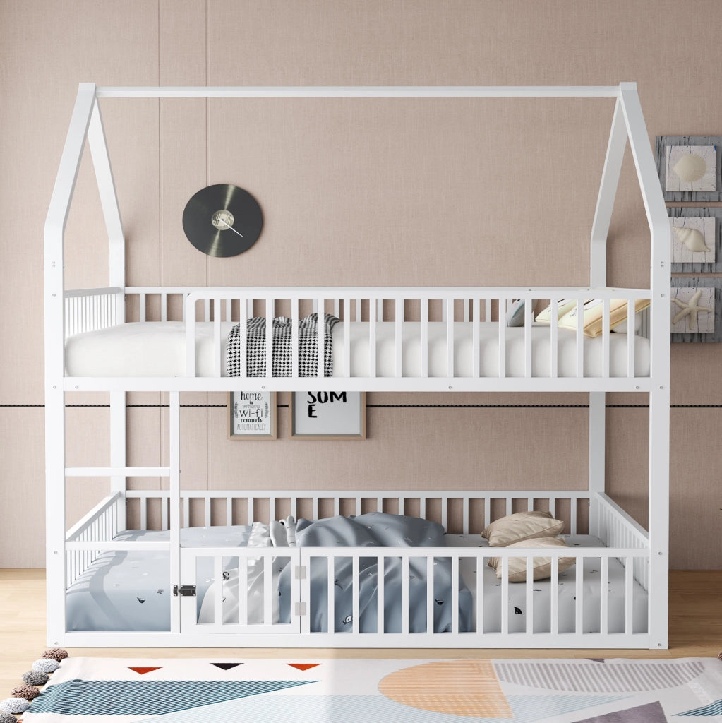 Letto a castello 140x200 cm a forma di casa con scala e porta in metallo bianco