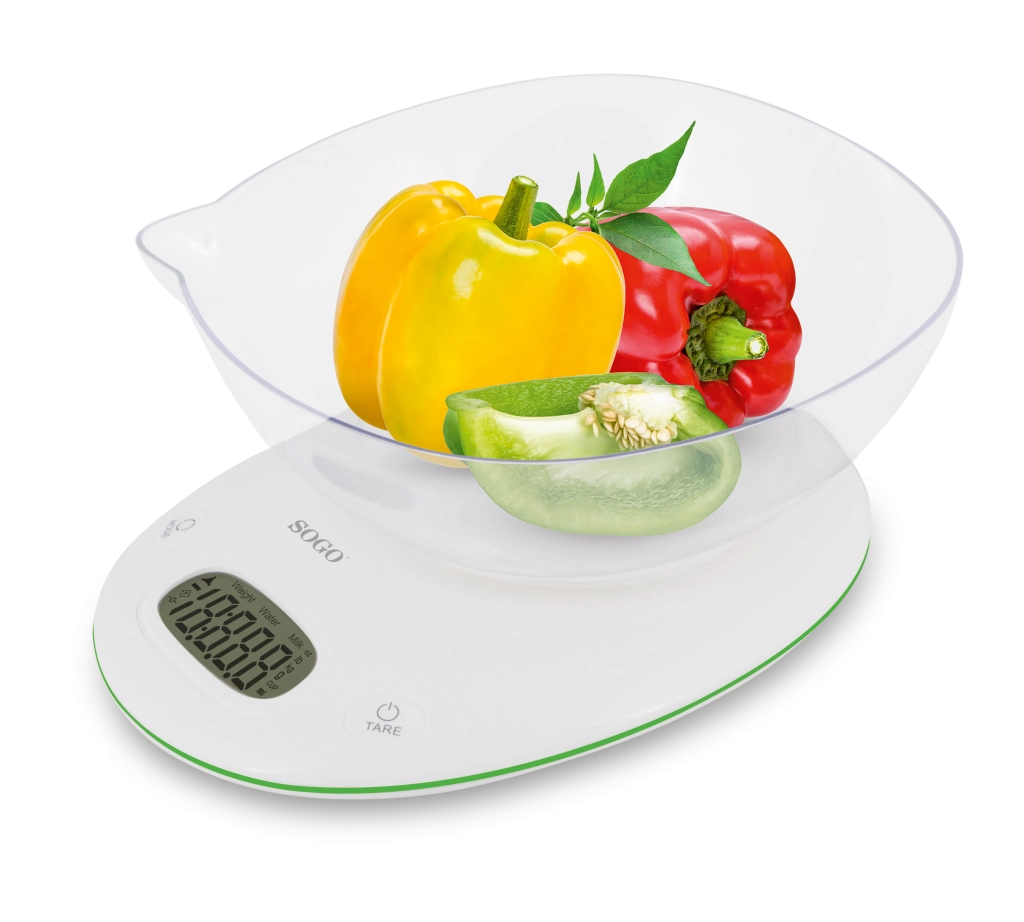 Bilancia da cucina digitale con ciotola 5kg, display LCD retroilluminato 60x30mm, funzioni zero tara, graduazione 1g - SOGO