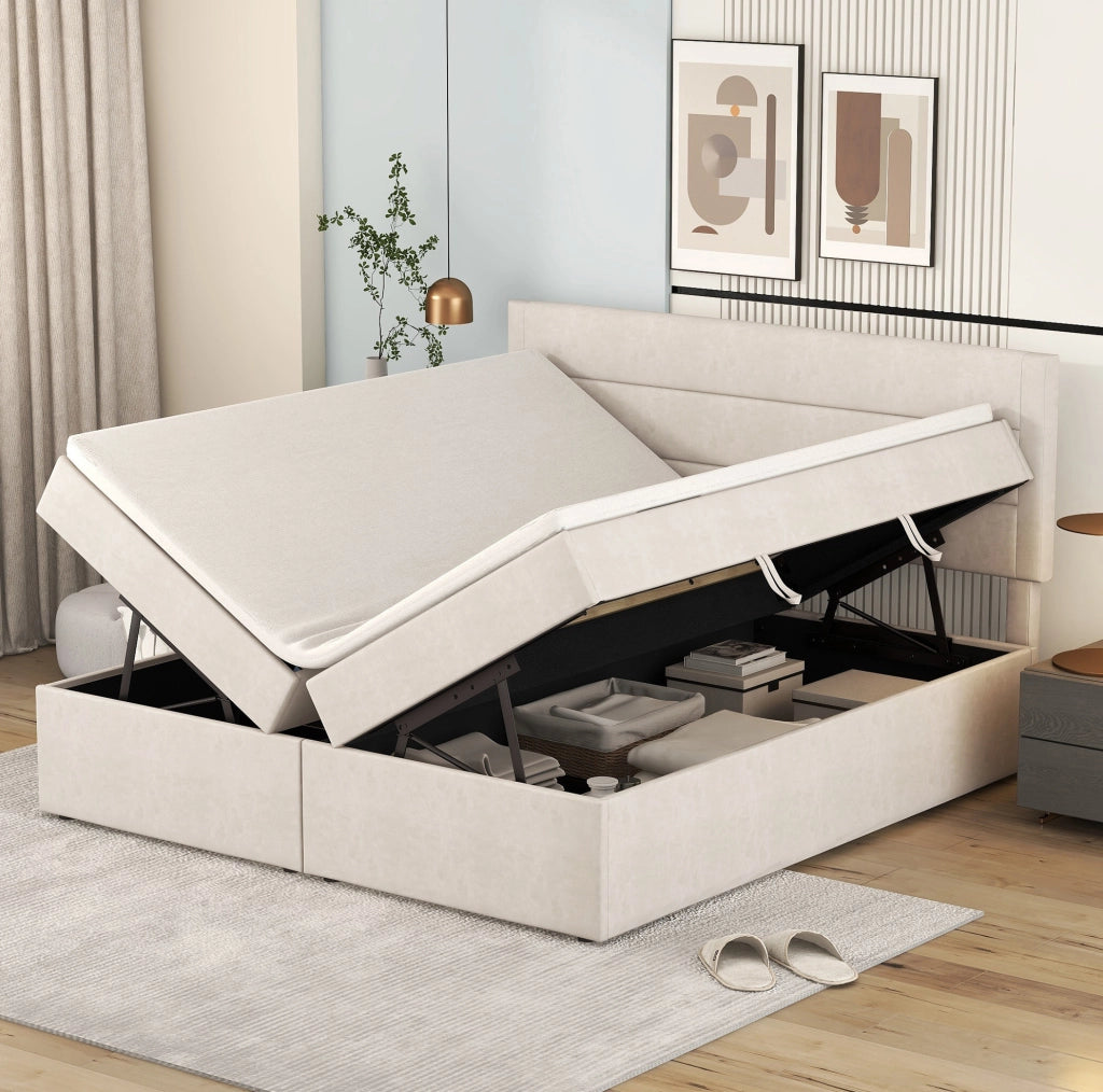 Letto matrimoniale imbottito 140x200 cm beige con contenitore