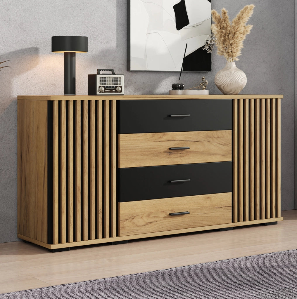 Credenza 140x35x70 cm in MDF; 4 cassetti e 2 ante con ripiani regolabili; nero e rovere