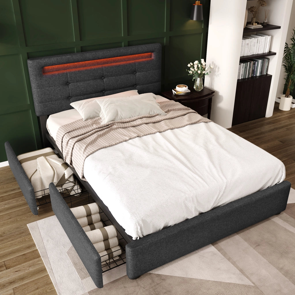 OKWISH Letto Singolo con 2 Cassetti, LED, Testiera Regolabile, 90×200 cm, senza Materasso, in Lino, Grigio