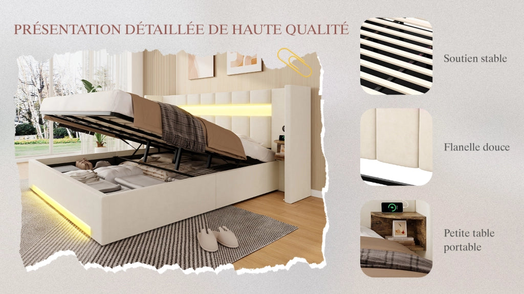 DESMIU Letto contenitore 180 × 200 cm 2 posti con USB, LED, vani portaoggetti, senza materasso, in velluto, beige