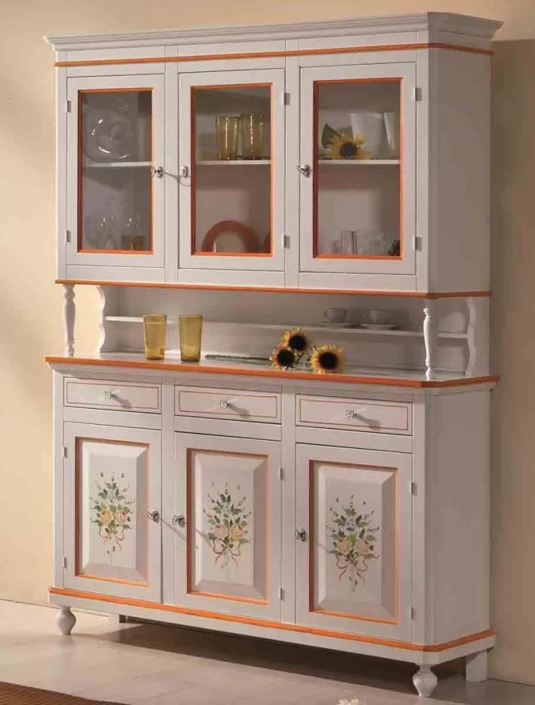 Cristalliera napoletana in legno 3 ante bianco/decori 150x43x208 - Mobili 2G