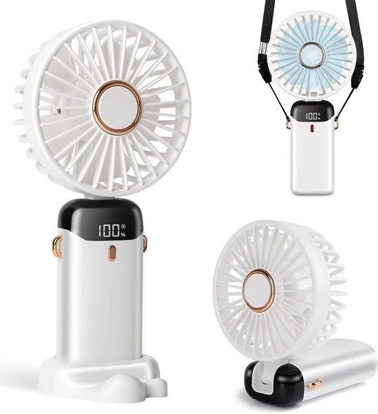 Ventilatore portatile - 3200mAh 12 Ore - Schermo LED Ripiegabile - 5 Velocità Ventilatore personale - 3 in 1 per mano/cervello/burea - Bianco - 1 Pezzo