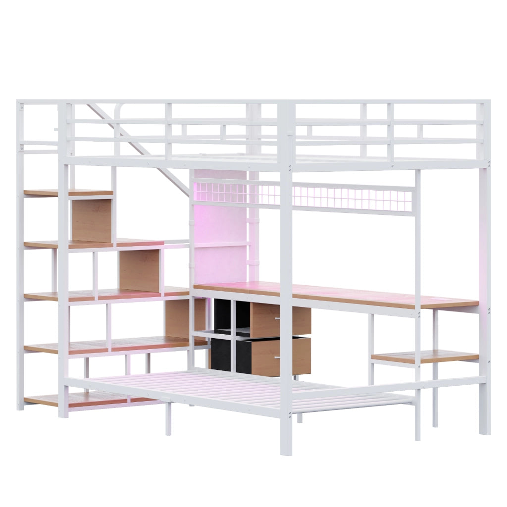 Letto a soppalco 140x200/90x200 in metallo e MDF con scrivania, LED, prese, vano aperto e cassetti in tessuto bianco