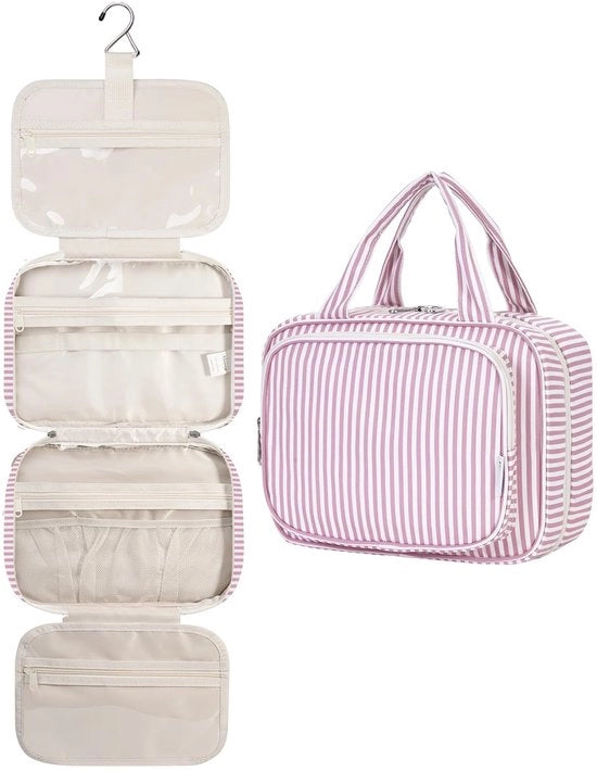 Borsa per bagno per signore Borsa appesa per bagno Borsa cosmetici Grande borsa per bagno Organizzatore cosmetici per signore e ragazze (Dusty Pink Stripes (Medium))