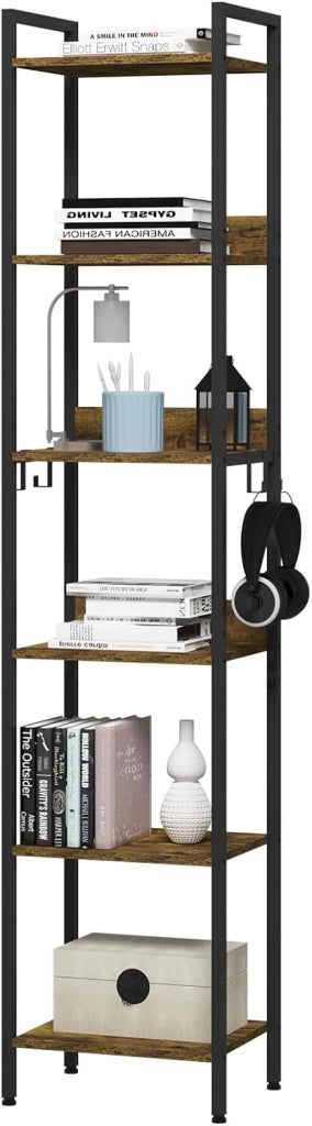 Libreria a 6 Ripiani, Scaffale con 4 Ganci Industriale, Scaffale a Scala in MDF e Metallo per Soggiorno, Cucina, Studio, Ufficio,Bianco,40x30x187cm RGB931hov