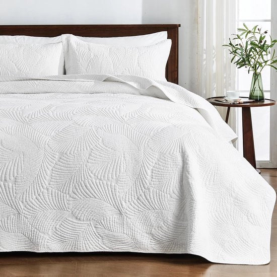 Bedsprei 220x240cm Bianco, 100% Coton, Ultrazaffa con Ornamenti, 220x240, Coperta con 2 Cuscini, Trapunta per Letto