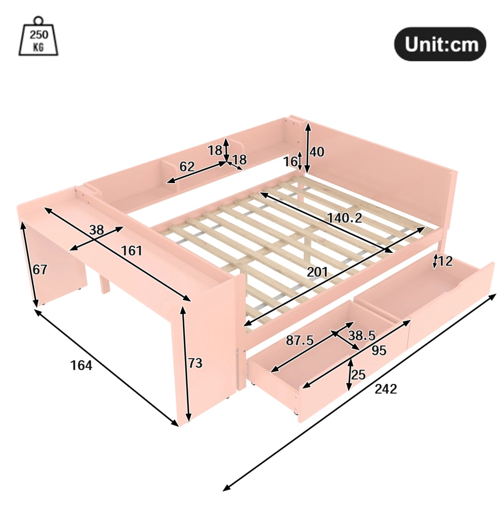 Letto matrimoniale ULEVR 140x200 cm con scrivania, 2 cassetti e 3 ripiani, rosa