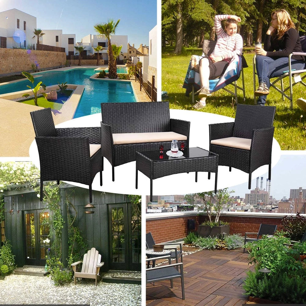 Set da Giardino 4pz in Polyrattan 2 Poltrone 1 Tavolino 1 Divano uso Esterno Nero