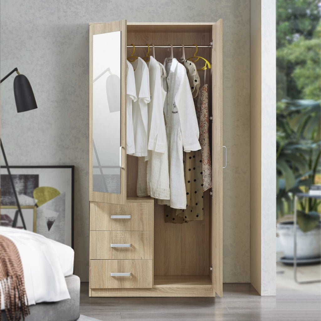 Armadio Guardaroba Bodolz con Cassettiera e Specchio 176 x 80 x 52 cm Effetto Rovere Sonoma [en.casa]