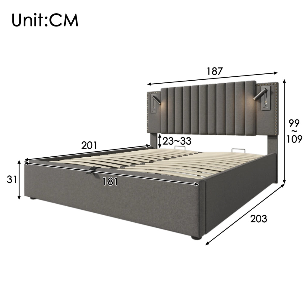 Letto matrimoniale 180x200 cm con contenitore, luce USB-C, grigio