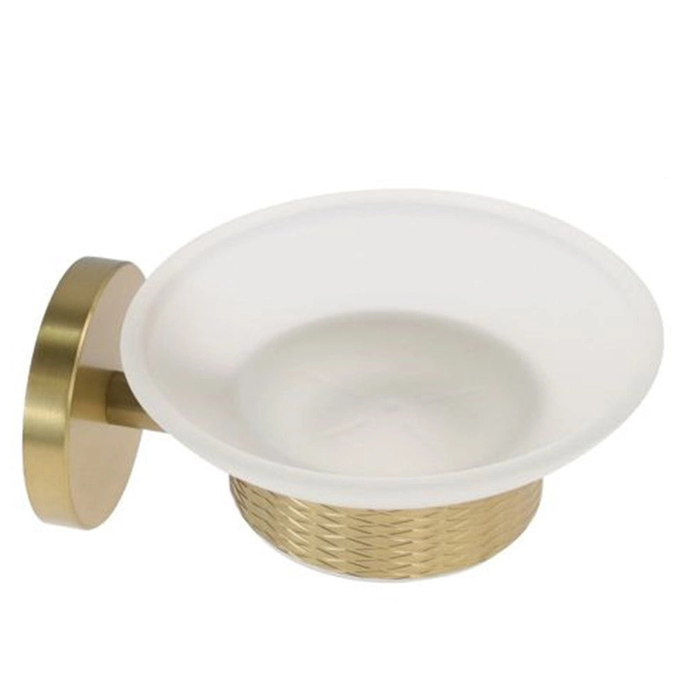 Trade Shop - Porta Sapone In Acciaio Oro Con Piattino Vetro Satinato Accessorio Da Bagno 87927 -