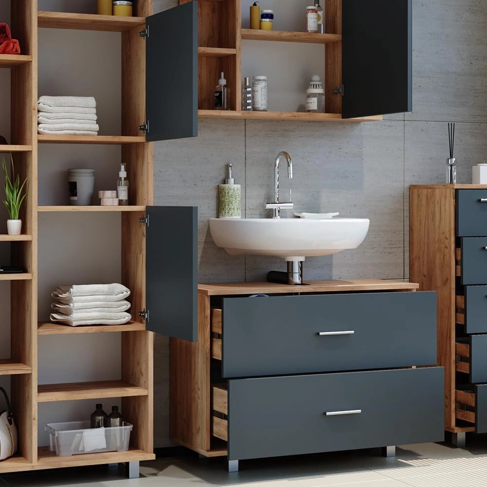 Set mobili bagno Ilias, Antracite/quercia dorata, 80.2 cm, composto da mobile lavabo, pensile a specchio, colonna e base media