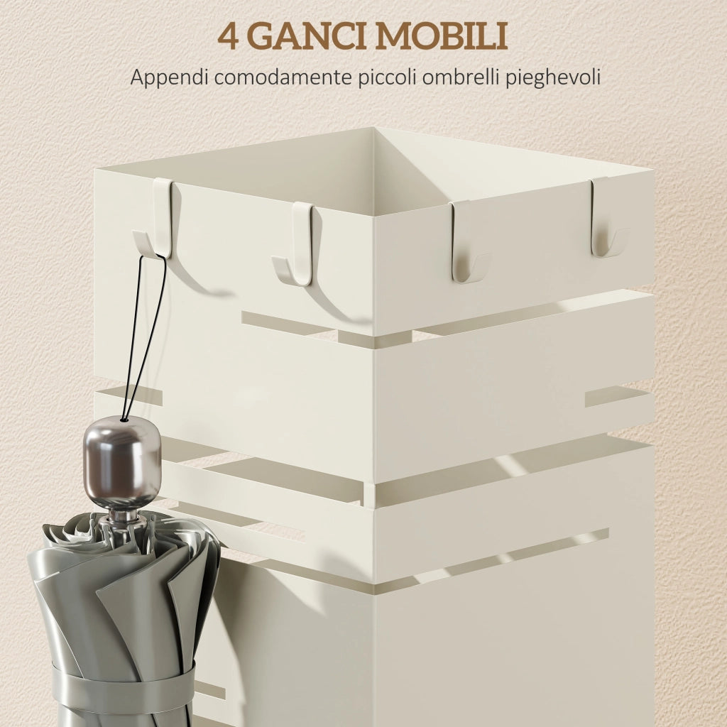 Portaombrelli Quadrato in Metallo con Vassoio e Ganci ¨C Zephmum ¨C 15.5x15.5x49 cm Beige