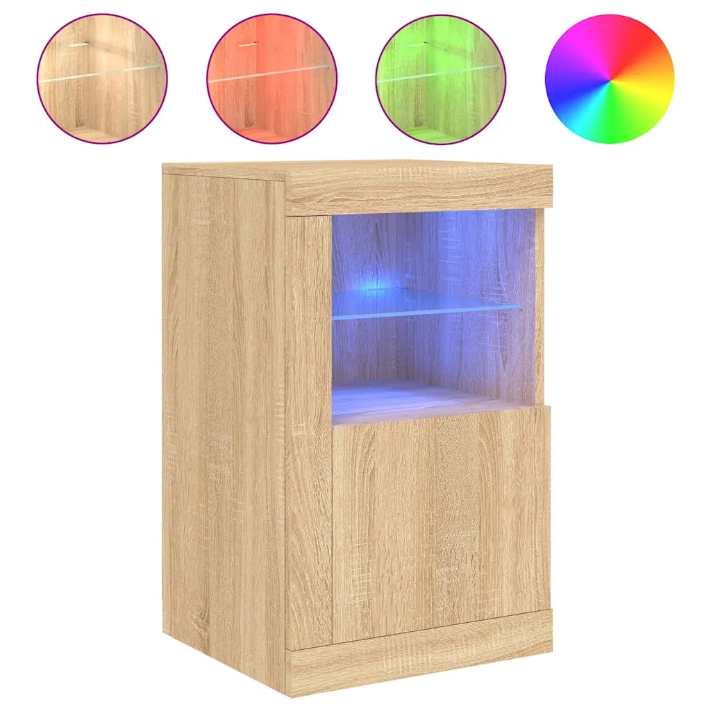 Mobiletto laterale dal design contemporaneo con illuminazione a LED 41 x 37 x 67 cm realizzato in legno ingegnerizzato di rovere Sonoma 02_0049367