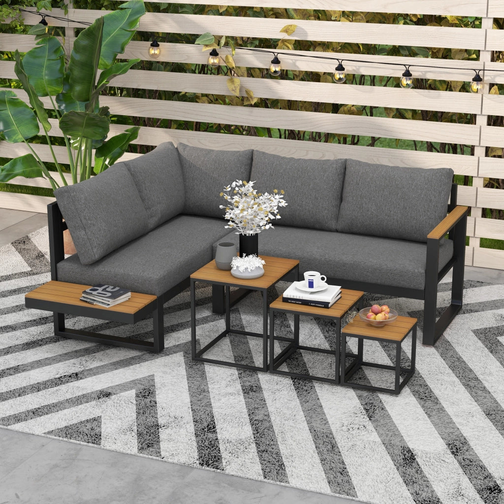 Set Salotto da Giardino 5 Pezzi ¨C Xylo ¨C Polyrattan Grigio e Legno Naturale 148x61x71,5cm