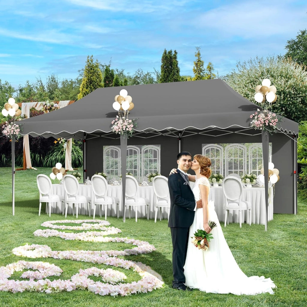 Gazebo 3x6 Pieghevole Impermeabile, altezza 290–300–310 cm, Protezione UV 50+, Tenda con 4 Pareti Laterali, 12 Ganci, 6 Corde e 6 Sacchi di Sabbia, Gazebo da Giardino per Campeggio, Matrimoni, Grigio